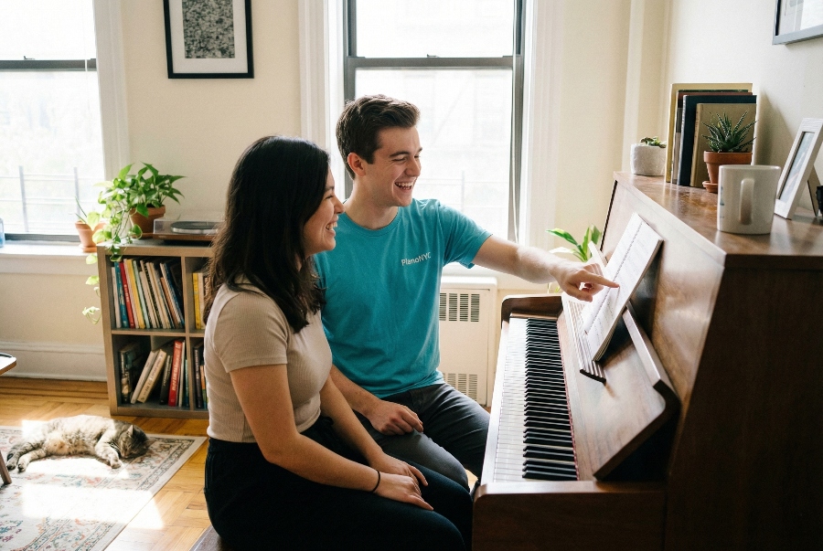 Correct Guitar Posture to Avoid Pain A Full Guide 9 Happy student mastering musical techniques with PrivatePianoLessons New York