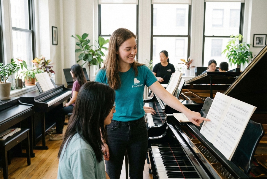 Guide to Fix Guitar Buzz and Hum with Expert Tips 9 PrivatePianoLessons expert teacher guiding a customer through a piano session in Manhattan